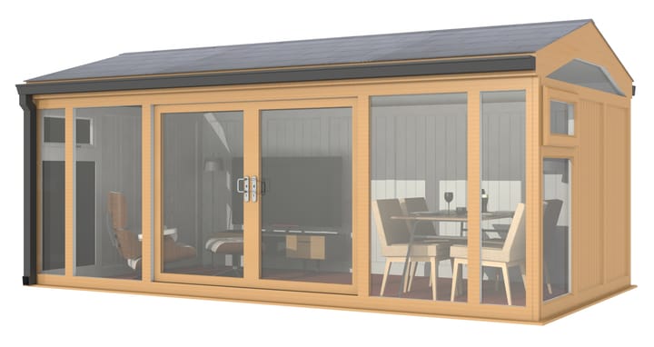Nordic Greenwich Pavilion 5.4m x 3m Irish Oak.

The Greenwich Pavilion features a side opening vent in each end of the building, a fully glazed front, transom windows in each end and a slate effect tiled roof.