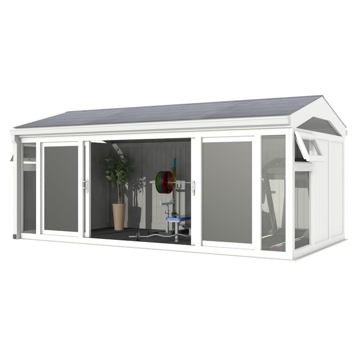 Nordic Greenwich Pavilion Ultimate Package 5.4m x 3m White.

The Greenwich Pavilion features a side opening vent in each end of the building, a fully glazed front, transom windows in each end and a slate effect tiled roof.