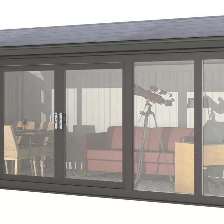 Nordic Greenwich Pavilion 5.85m x 3m Black.

The Greenwich Pavilion features a side opening vent in each end of the building, a fully glazed front, transom windows in each end and a slate effect tiled roof.
 