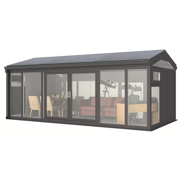 Nordic Greenwich Pavilion Ultimate Package 5.85m x 3m Black.

The Greenwich Pavilion features a side opening vent in each end of the building, a fully glazed front, transom windows in each end and a slate effect tiled roof.
 