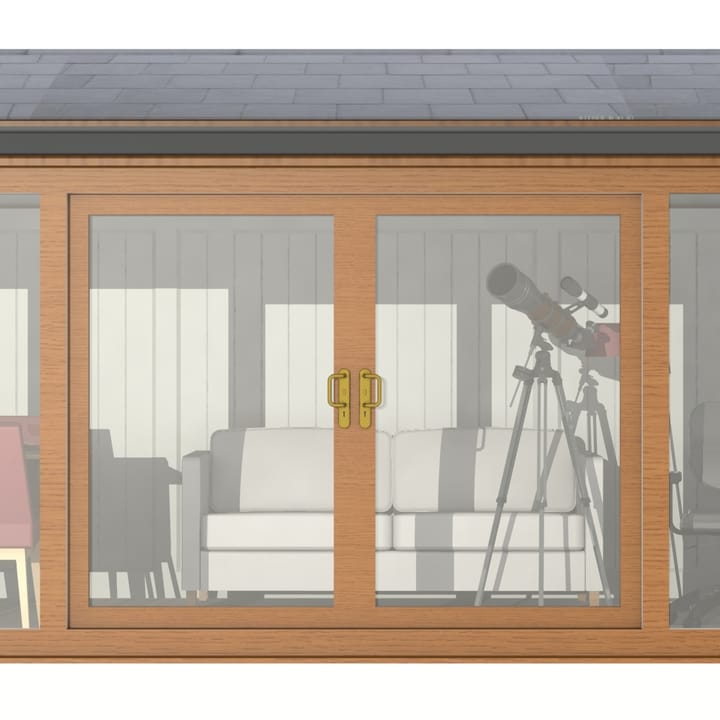 Nordic Greenwich Pavilion Ultimate Package 5.85m x 3m Golden Oak.

The Greenwich Pavilion features a side opening vent in each end of the building, a fully glazed front, transom windows in each end and a slate effect tiled roof.