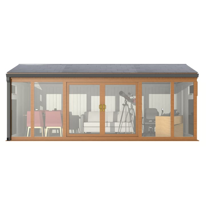 Nordic Greenwich Pavilion Ultimate Package 5.85m x 3m Golden Oak.

The Greenwich Pavilion features a side opening vent in each end of the building, a fully glazed front, transom windows in each end and a slate effect tiled roof.