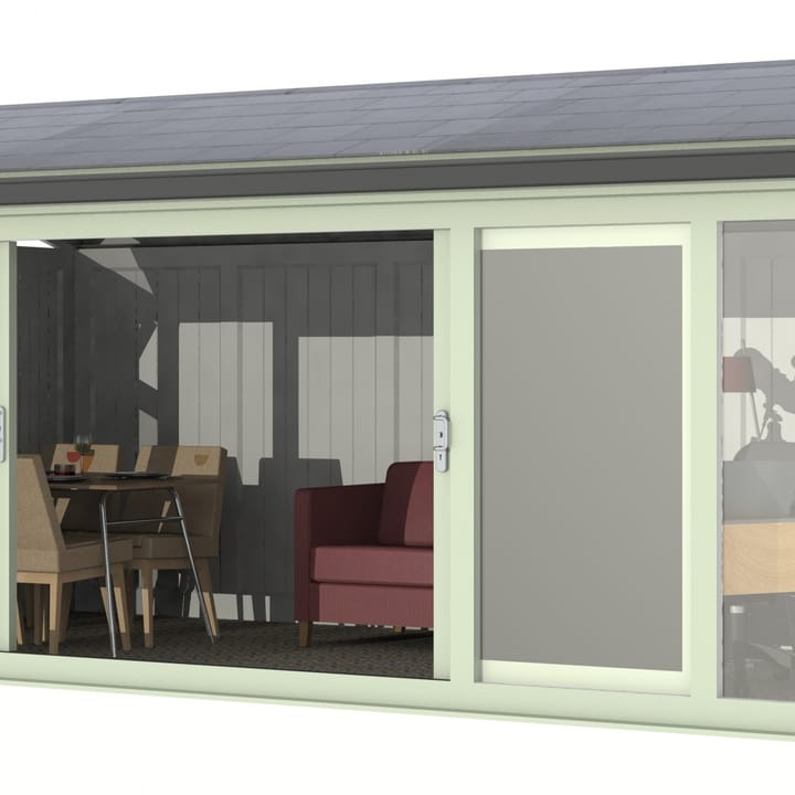 Nordic Greenwich Pavilion Ultimate Package 5.85m x 3m Chartwell Green.

The Greenwich Pavilion features a side opening vent in each end of the building, a fully glazed front, transom windows in each end and a slate effect tiled roof.