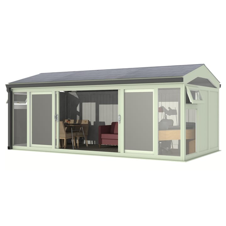 Nordic Greenwich Pavilion 5.85m x 3m Chartwell Green.

The Greenwich Pavilion features a side opening vent in each end of the building, a fully glazed front, transom windows in each end and a slate effect tiled roof.