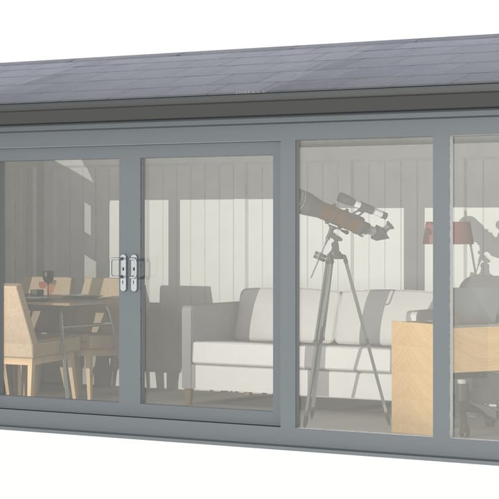 Nordic Greenwich Pavilion Ultimate Package 5.85m x 3m Grey.

The Greenwich Pavilion features a side opening vent in each end of the building, a fully glazed front, transom windows in each end and a slate effect tiled roof.