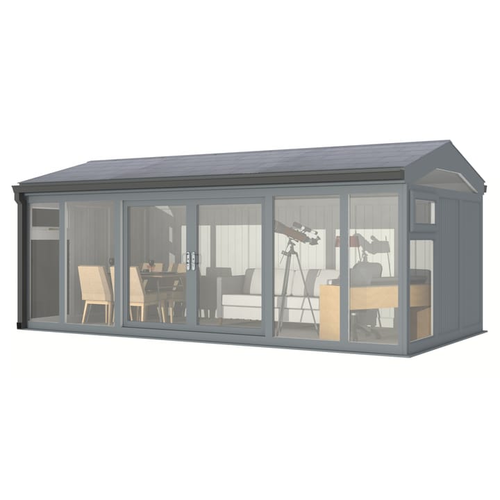 Nordic Greenwich Pavilion Ultimate Package 5.85m x 3m Grey.

The Greenwich Pavilion features a side opening vent in each end of the building, a fully glazed front, transom windows in each end and a slate effect tiled roof.