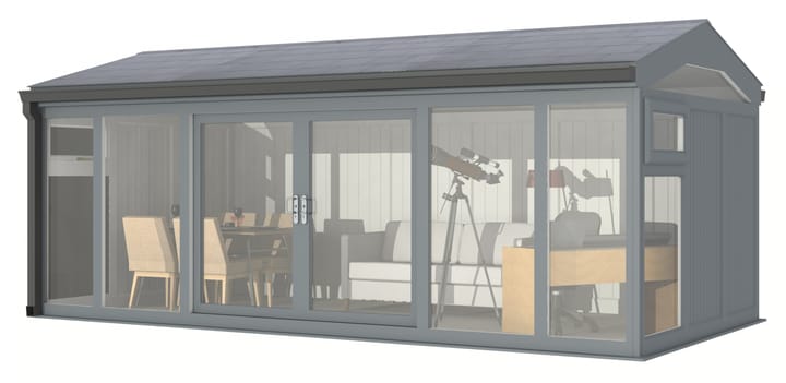 Nordic Greenwich Pavilion 5.85m x 3m Grey.

The Greenwich Pavilion features a side opening vent in each end of the building, a fully glazed front, transom windows in each end and a slate effect tiled roof.