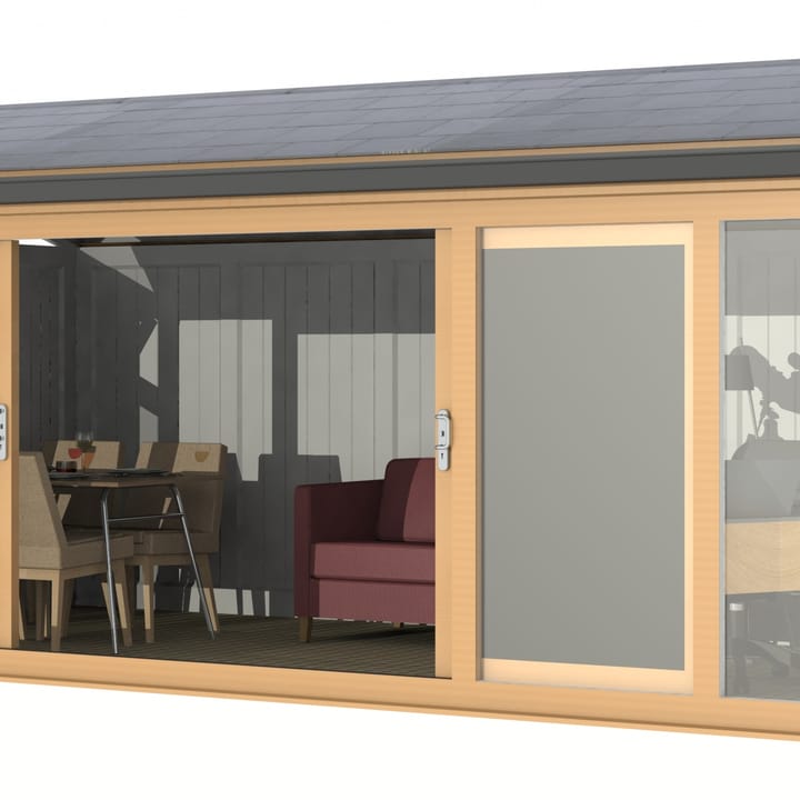 Nordic Greenwich Pavilion Ultimate Package 5.85m x 3m Irish Oak.

The Greenwich Pavilion features a side opening vent in each end of the building, a fully glazed front, transom windows in each end and a slate effect tiled roof.
