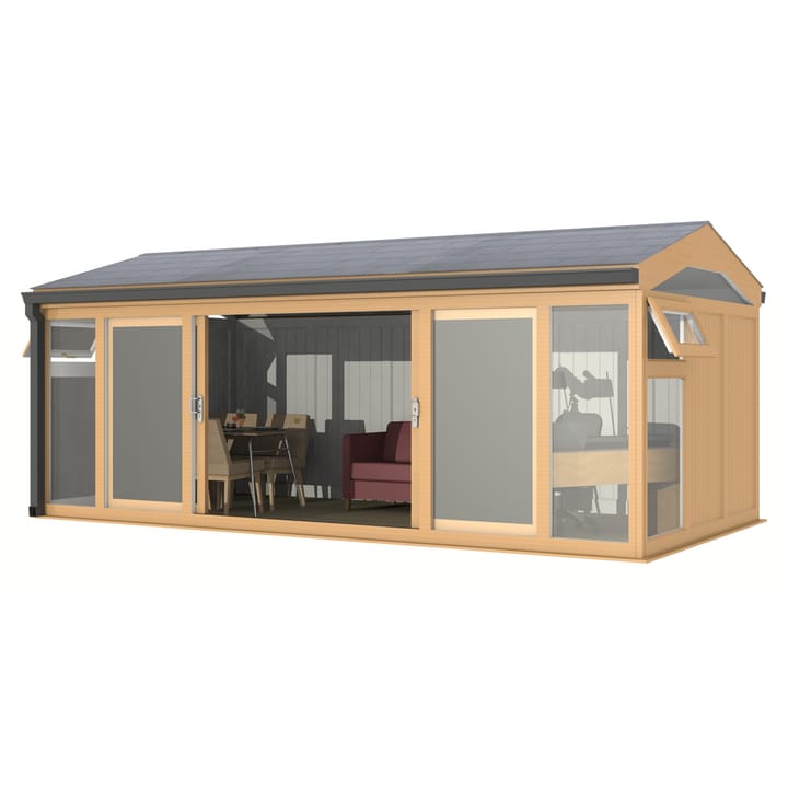 Nordic Greenwich Pavilion Ultimate Package 5.85m x 3m Irish Oak.

The Greenwich Pavilion features a side opening vent in each end of the building, a fully glazed front, transom windows in each end and a slate effect tiled roof.