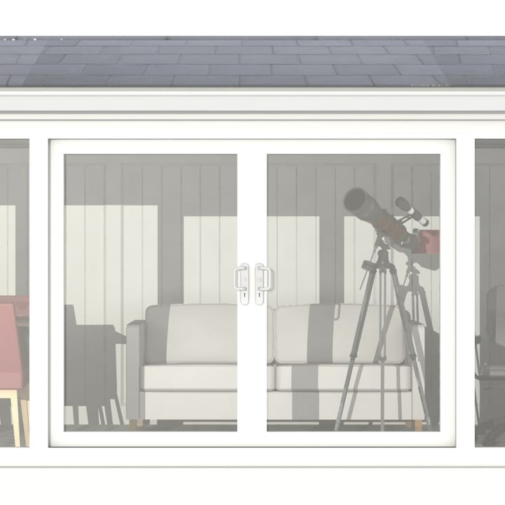 Nordic Greenwich Pavilion Ultimate Package 5.85m x 3m White.

The Greenwich Pavilion features a side opening vent in each end of the building, a fully glazed front, transom windows in each end and a slate effect tiled roof.