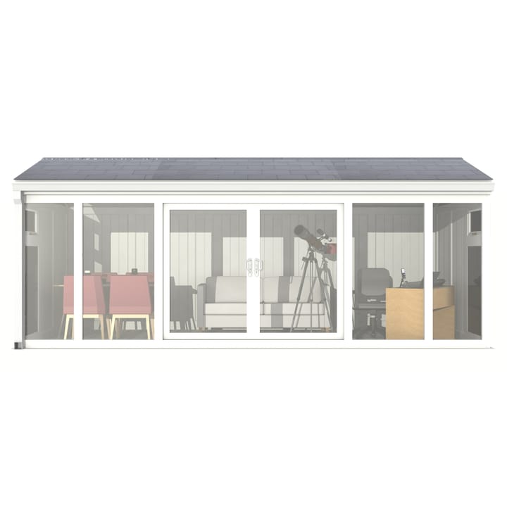 Nordic Greenwich Pavilion 5.85m x 3m White.

The Greenwich Pavilion features a side opening vent in each end of the building, a fully glazed front, transom windows in each end and a slate effect tiled roof.