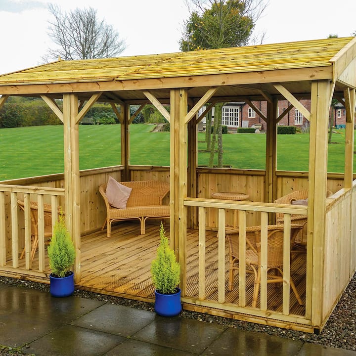This 12ft x 8ft Hanbury Apex, provides a nice outdoor open shelter. Optional half boarded panels have been added to the sides and back of the building, as well as the optional pressure treated slatted roof and timber floor.