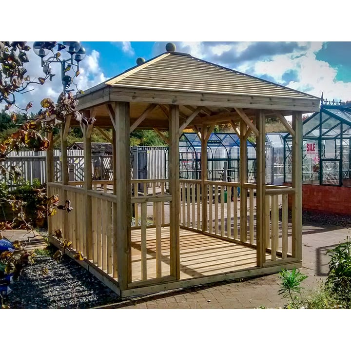 The entrance to this 12ft x 8ft Hanbury hipped roof summerhouse has been positioned on the shorter, 8ft side. The optional 19mm timber floor has been added to this building.