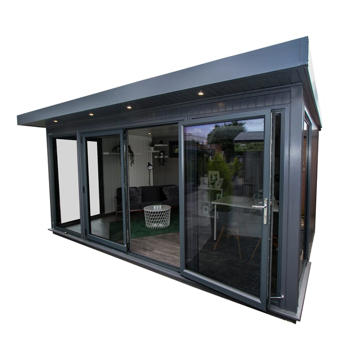 This 16ft x 10ft Hanley Plus has the flat roof option, for a contemporary look. The painted external finish and painted mdf lining are standard features with the Hanley Plus garden office. Optional laminate flooring has also been added.
