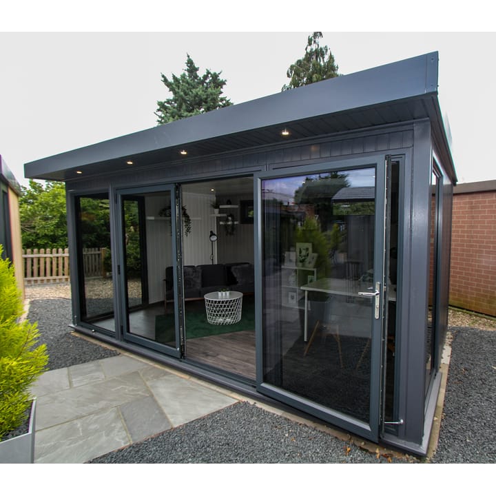 A 16ft x 10ft Hanley Plus Flat finished in Graphite Grey. The painted external finish and painted mdf lining are standard features with the Hanley Plus Flat garden office. Optional laminate flooring has also been added.