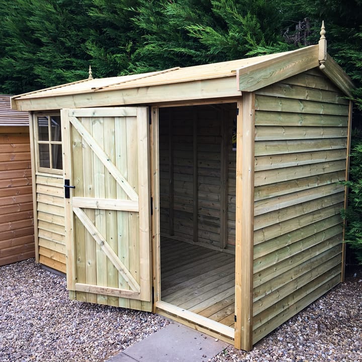 This 10ft x 6ft Heavy Duty Pavilion is cladded in heavy duty pressure treated barnstyle cladding, which is 23mm thick feather edge cladding. It is planed on the inside and rough sawn on the outside.

Other optional upgrades shown include the Georgian window upgrade and the pressure treated slatted roof.