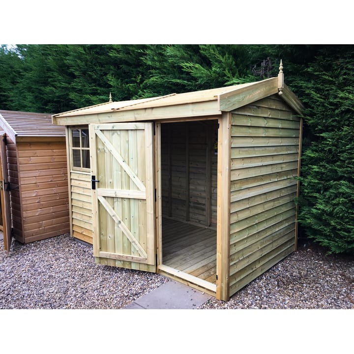 This 10ft x 6ft Heavy Duty Pavilion is cladded in heavy duty pressure treated barnstyle cladding, which is 23mm thick feather edge cladding. It is planed on the inside and rough sawn on the outside.

Other optional upgrades shown include the Georgian window upgrade and the pressure treated slatted roof.
