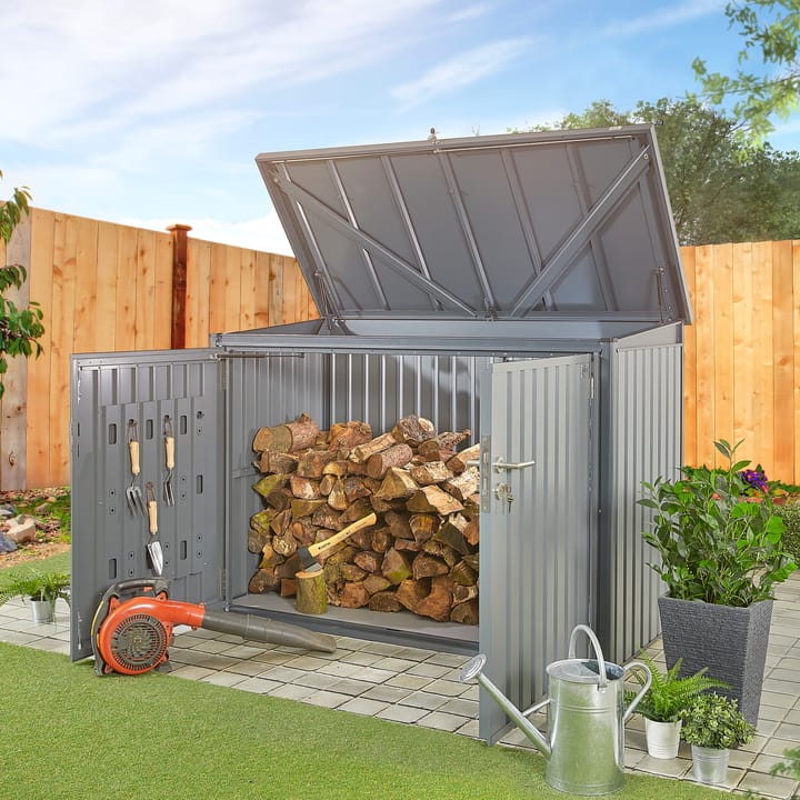 The Bromley storage shed is available in two colours; Sage Green and as pictured - Anthracite. As you can see here, the Bromley is ideal for storing logs.