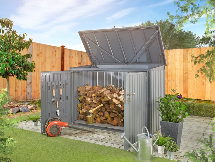 The Bromley storage shed is available in two colours; Sage Green and as pictured - Anthracite. As you can see here, the Bromley is ideal for storing logs.