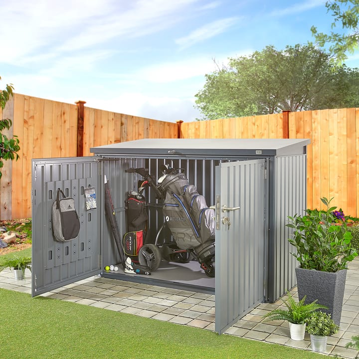 The Bromley storage shed is available in two colours; Sage Green and as pictured - Anthracite. The Bromley is ideal for storing garden and sports equipment.