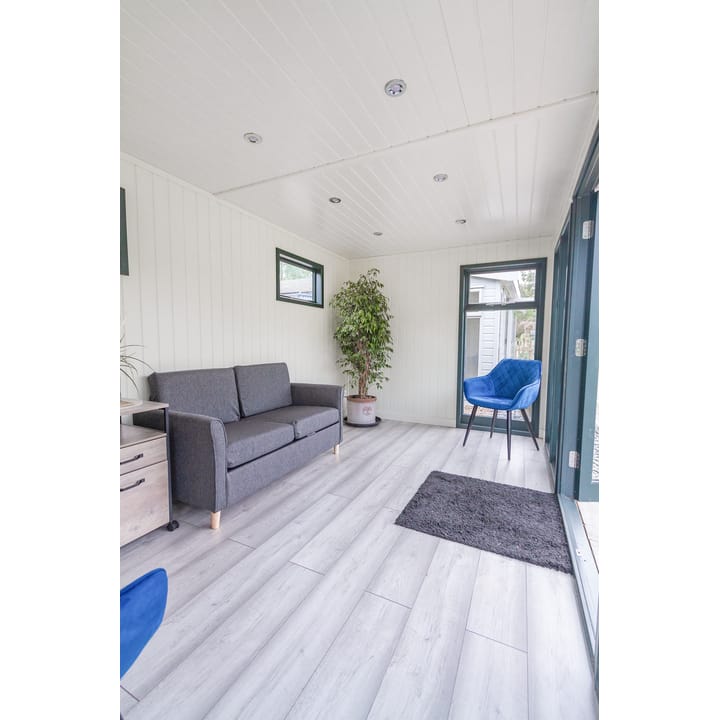 You can choose to line your garden room with either tongue and groove pine boards, or as pictured here - painted mdf lining. Both lining options include ufoil thermal insulation, for all year-round warmth. The optional laminate floor adds a nice finishing touch this garden room.