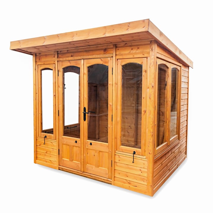 8x6 Stretton, unpainted redwood with arched topped windows and doors. 