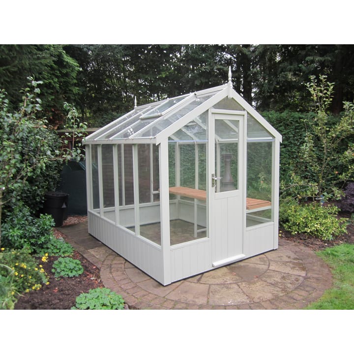 This 6ft x 8ft Swallow Kingfisher greenhouse has the optional 'Lily White' painted finish.