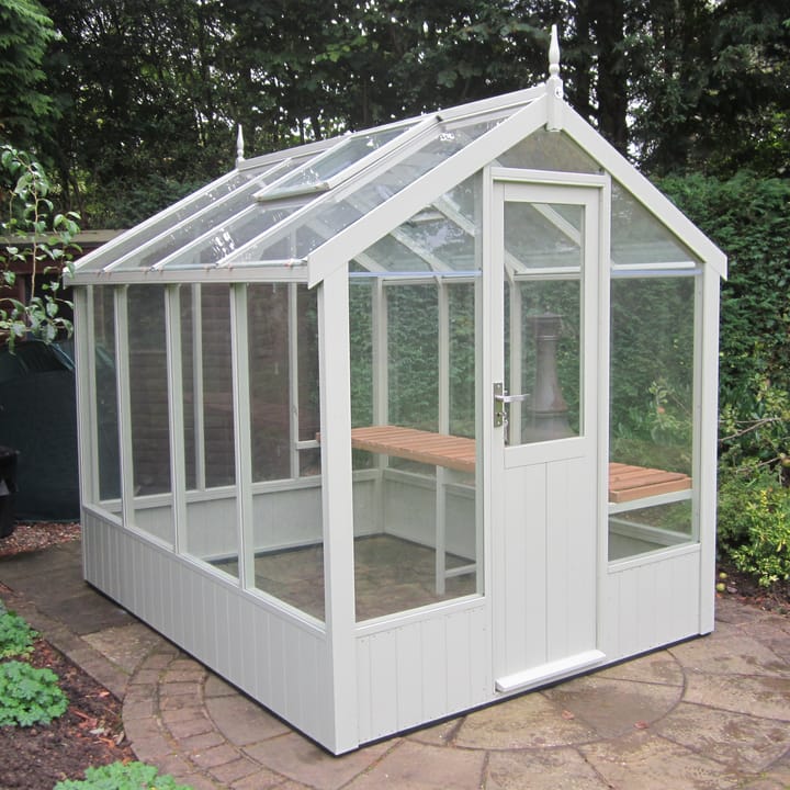 This 6ft x 8ft Swallow Kingfisher greenhouse has the optional 'Lily White' painted finish.
