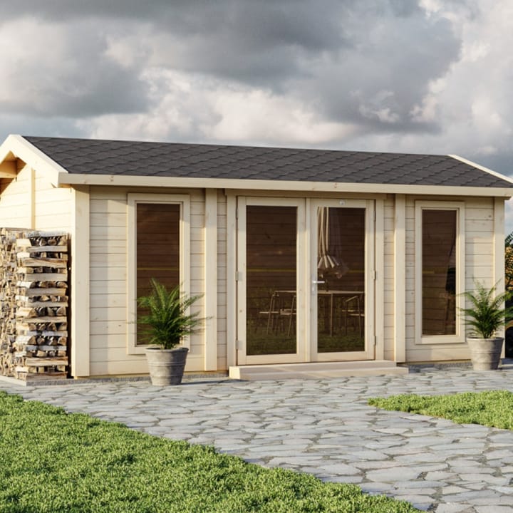 This image shows the Lillevilla Pavilion log cabin is 5m x 3m. The building includes a felt shingle roof and double glazed windows as standard.