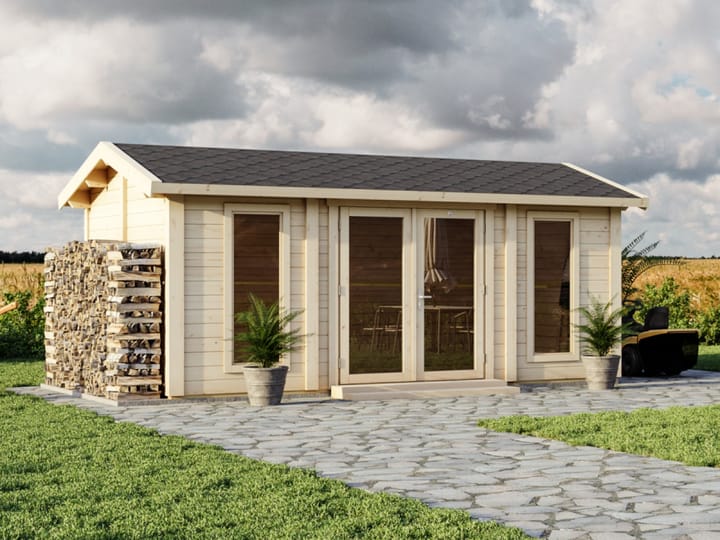 This image shows the Lillevilla Pavilion log cabin is 5m x 3m. The building includes a felt shingle roof and double glazed windows as standard.