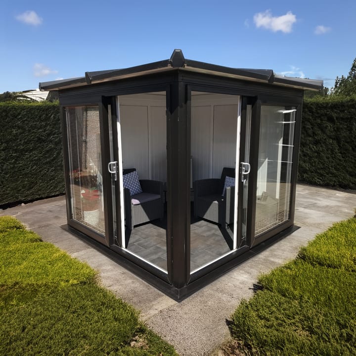 This Nordic Madison Corner Hipped is the 2.4m x 2.4m model in optional Black finish. Other optional upgrades for this building as shown are the tile effect roof and vinyl flooring.