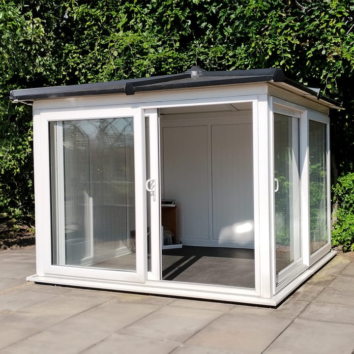 Nordic Madison Corner Hipped 2.7m x 2.7m Ultimate Package in White. 

The ultimate package includes a tile effect roof, vinyl flooring and a concrete base installed by a dedicated team of experts.