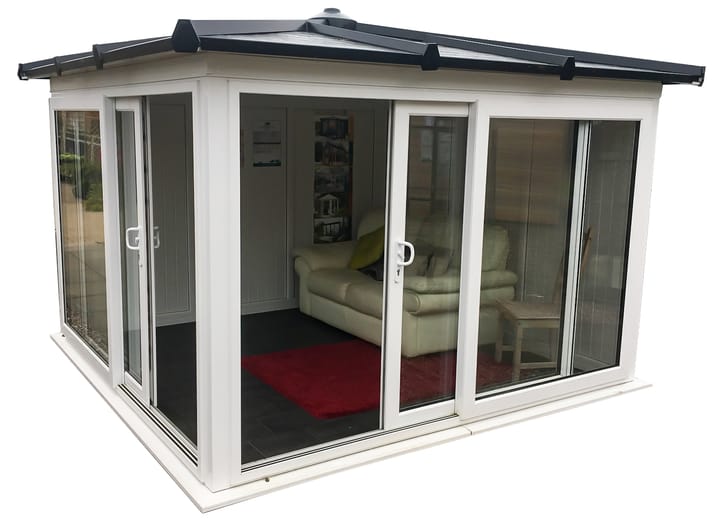 Nordic Madison Corner Hipped 3m x 3m Ultimate Package in White. 

The ultimate package includes a tile effect roof, vinyl flooring and a concrete base installed by a dedicated team of experts.