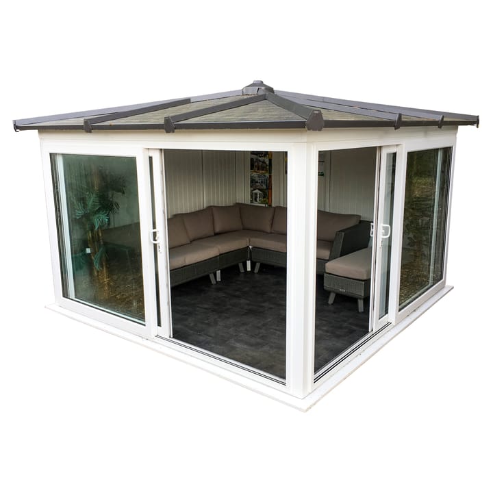 This Nordic Madison Corner Hipped is the 3.3m x 3.3m model in standard white finish. Other optional upgrades for this building as shown are the tile effect roof and vinyl flooring.