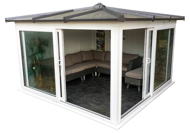 Nordic Madison Corner Hipped 3.3m x 3.3m  Ultimate Package in White. 

The ultimate package includes a tile effect roof, vinyl flooring and a concrete base installed by a dedicated team of experts.