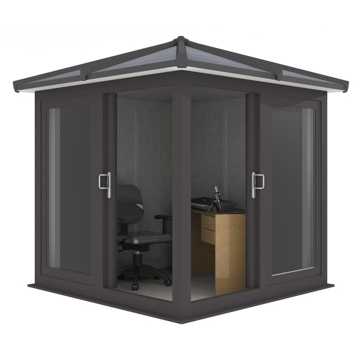 Nordic Madison Corner Hipped 2.1m x 2.1m model in optional Black finish. Other optional upgrades for this building as shown are the tile effect roof and vinyl flooring.