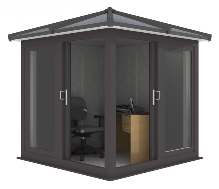 Nordic Madison Corner Hipped 2.1m x 2.1m model in optional Black finish. Other optional upgrades for this building as shown are the tile effect roof and vinyl flooring.