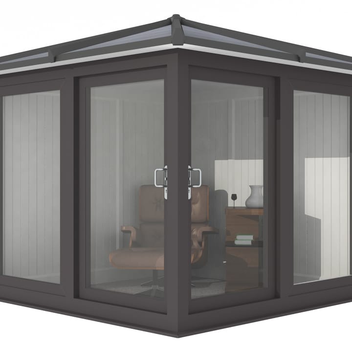 Nordic Madison Corner Hipped 2.4m x 2.4m model in optional Black finish. Other optional upgrades for this building as shown are the tile effect roof and vinyl flooring.
