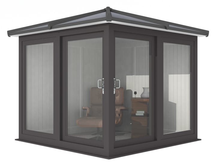 Nordic Madison Corner Hipped 2.4m x 2.4m model in optional Black finish. Other optional upgrades for this building as shown are the tile effect roof and vinyl flooring.