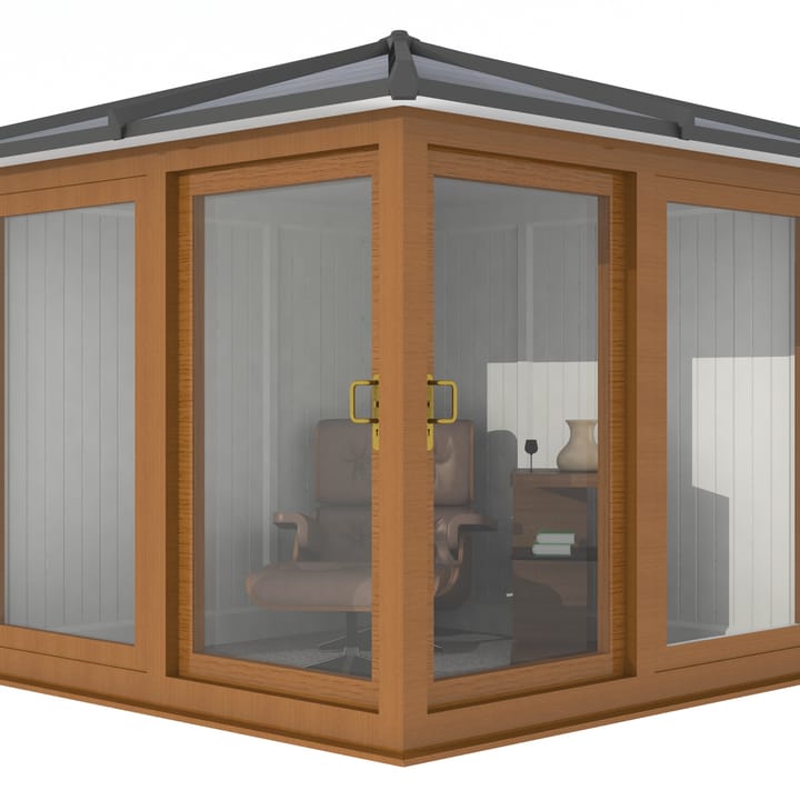 Nordic Madison Corner Hipped 2.4m x 2.4m model in optional Golden Oak finish. Other optional upgrades for this building as shown are the tile effect roof and vinyl flooring.