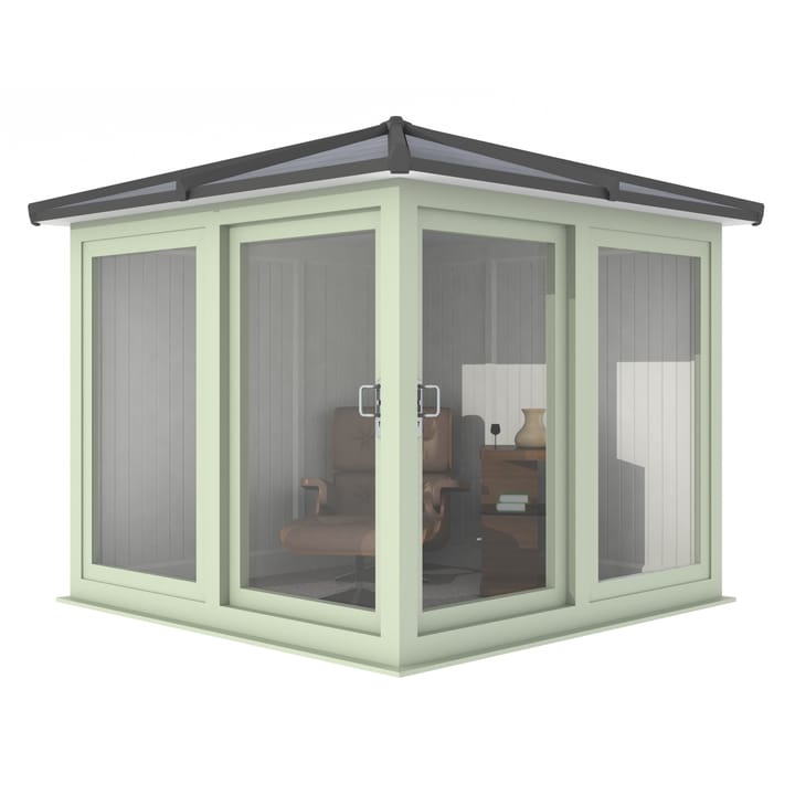Nordic Madison Corner Hipped 2.4m x 2.4m model in optional Chartwell Green finish. Other optional upgrades for this building as shown are the tile effect roof and vinyl flooring.