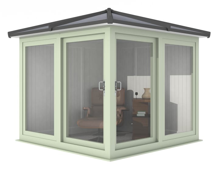 Nordic Madison Corner Hipped 2.4m x 2.4m model in optional Chartwell Green finish. Other optional upgrades for this building as shown are the tile effect roof and vinyl flooring.
