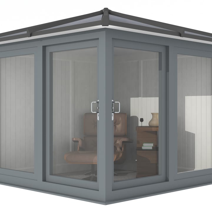 Nordic Madison Corner Hipped 2.4m x 2.4m Ultimate Package in Grey. 

The ultimate package includes a tile effect roof, vinyl flooring and a concrete base installed by a dedicated team of experts.