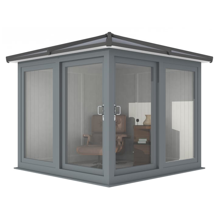 Nordic Madison Corner Hipped 2.4m x 2.4m model in optional Grey finish. Other optional upgrades for this building as shown are the tile effect roof and vinyl flooring.