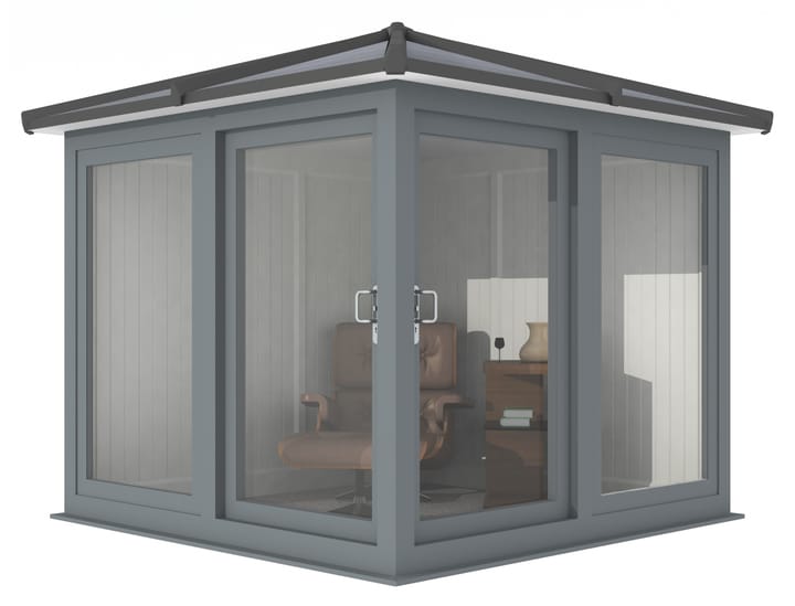 Nordic Madison Corner Hipped 2.4m x 2.4m model in optional Grey finish. Other optional upgrades for this building as shown are the tile effect roof and vinyl flooring.