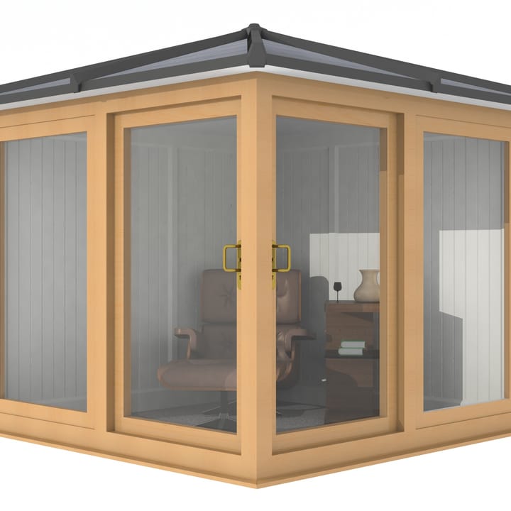Nordic Madison Corner Hipped 2.4m x 2.4m model in optional Irish Oak finish. Other optional upgrades for this building as shown are the tile effect roof and vinyl flooring.