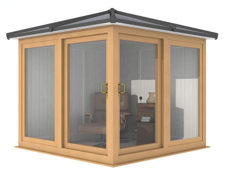 Nordic Madison Corner Hipped 2.4m x 2.4m model in optional Irish Oak finish. Other optional upgrades for this building as shown are the tile effect roof and vinyl flooring.