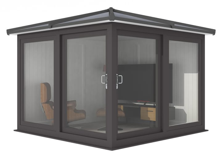 This Nordic Madison Corner Hipped is the 2.7m x 2.7m model in optional Black finish. Other optional upgrades for this building as shown are the tile effect roof and vinyl flooring.

All Nordic Madisons have two large sliding door to the front adjacent sections, providing easy access to the building.