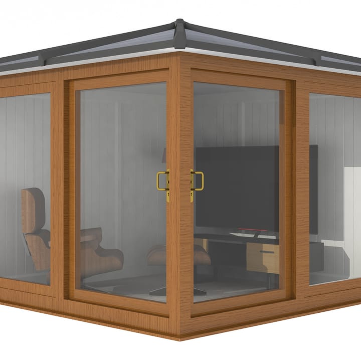 This Nordic Madison Corner Hipped is the 2.7m x 2.7m model in optional Golden Oak finish. Other optional upgrades for this building as shown are the tile effect roof and vinyl flooring.

All Nordic Madisons have two large sliding door to the front adjacent sections, providing easy access to the building.