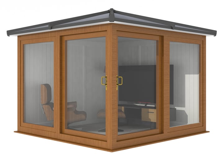 This Nordic Madison Corner Hipped is the 2.7m x 2.7m model in optional Golden Oak finish. Other optional upgrades for this building as shown are the tile effect roof and vinyl flooring.

All Nordic Madisons have two large sliding door to the front adjacent sections, providing easy access to the building.